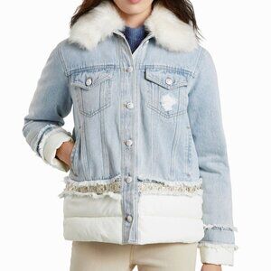 Desigual Light Wash Denim Fur Collar Quilted Interior Jacket L